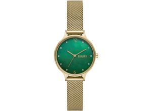 4064092297577 - Quarzuhr SKAGEN ANITA LILLE Armbanduhren goldfarben (goldfarben grün) Damen Armbanduhr Damenuhr Edelstahlarmband analog Glassteine