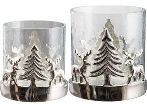 4064118178941 - Windlicht CREATIV HOME Kerzenhalter Weihnachtslandschaft mit Baum und Reh silber (silberfarben) H15cm Ø13cm Glas Aluminium Kerzenhalter Teelichthalter Weihnachtsdeko mit Hirsch und Tanne Höhe 10 + 15 cm