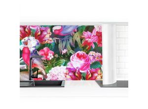 4064493058685 - Micasia - Küchenrückwand - Bunte Tropische Blumen mit Vögeln Pink Größe HxB 70x50cm Material Smart