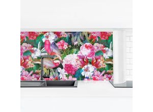 4064493066741 - Micasia - Küchenrückwand - Bunte Tropische Blumen mit Vögeln Pink Größe HxB 40x140cm Material Smart