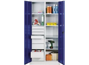 4064615116019 - Materialschrank aus Stahlblech 6 Fachböden 8 Schubladen HxBxT 1950 x 930 x 500 mm Türe enzianblau Korpus lichtgrau C+P 4064615116019 - Materialschrank aus Stahlblech 6 Fachböden 8 Schubladen HxBxT 1950 x 930 x 500 mm Türe enzianblau Korpus lichtgrau C+P