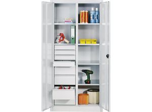 4064615116361 - Materialschrank aus Stahlblech 6 Fachböden 8 Schubladen HxBxT 1950 x 1200 x 500 mm lichtgrau C+P