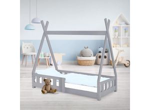 4064649031708 - Ml-design - Kinderbett Tipi mit Lattenrost 70x140 cm Hellgrau aus Kiefernholz Indianer Bett für Mädchen & Jungen Hausbett mit Zaun Kinderhaus