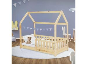 4064649031838 - Kinderbett mit Dach und Lattenrost 70x140 cm Natur aus Kiefernholz Hausbett für Mädchen & Jungen Bettenhaus Jugendbett Kinderhaus - Ml-design