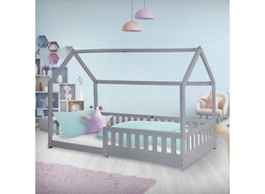 4064649031913 - Kinderbett 90x200 cm Hellgrau mit Rausfallschutz Dach und Lattenrost - Ml-design