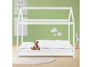 4064649032200 - Kinderbett mit Dach und Lattenrost 80x160 cm Weiß aus Kiefernholz Hausbett für Mädchen & Jungen Kinderhaus Jugendbett Bettenhaus