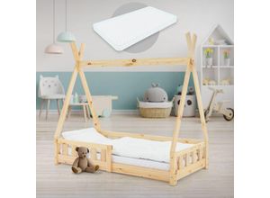 4064649111431 - Kinderbett Tipi mit Lattenrost inkl Matratze 70x140 cm Natur aus Kiefernholz Indianer Bett für Mädchen & Jungen Hausbett mit Zaun Jugendbett