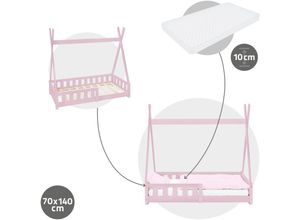 4064649111486 - Ml-design - Kinderbett Tipi mit Lattenrost inkl Matratze 70x140 cm Rosa aus Kiefernholz Indianer Bett für Mädchen & Jungen Hausbett mit Zaun