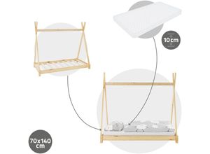 4064649111516 - Kinderbett Tipi mit Lattenrost inkl Matratze 70x140 cm Natur aus Kiefernholz Indianer Bett für Mädchen & Jungen Kinderhaus Jugendbett Holzbett