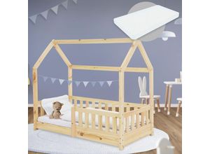 4064649111578 - Ml-design - Kinderbett mit Dach und Lattenrost inkl Matratze 70x140 cm Natur aus Kiefernholz Hausbett für Mädchen & Jungen Spielbett Jugendbett