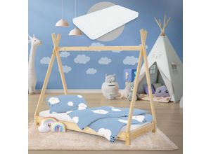 4064649111806 - Kinderbett Tipi mit Lattenrost inkl Matratze 80x160 cm Natur aus Kiefernholz Indianer Bett für Mädchen & Jungen Kinderhaus Jugendbett Holzbett