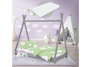 4064649111868 - Ml-design - Kinderbett Tipi mit Lattenrost inkl Matratze 80x160 cm Hellgrau aus Kiefernholz Indianer Bett für Mädchen & Jungen Kinderhaus