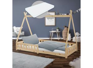 4064649111929 - Kinderbett Tipi mit Lattenrost inkl Matratze 90x200 cm Natur aus Kiefernholz Indianer Bett für Mädchen & Jungen Hausbett mit Zaun Jugendbett