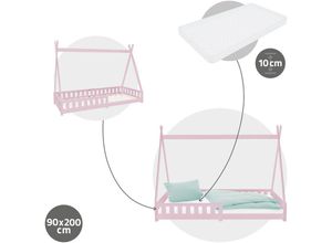 4064649111967 - Ml-design - Kinderbett Tipi mit Lattenrost inkl Matratze 90x200 cm Rosa aus Kiefernholz Indianer Bett für Mädchen & Jungen Hausbett mit Zaun