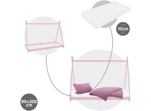 4064649112056 - Kinderbett Tipi mit Lattenrost 90x200 cm Rosa aus Kiefernholz mit Matratze H10cm - Ml-design