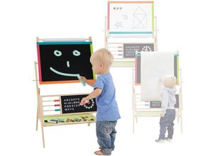 4064649121829 - 2in1 Spieltafelset für Kinder 70x47x100 cm Natur Schwarz aus Holz Zeichentafel & Magnettafel inkl Uhr Abacus Alphabet & Ablage Doppelseitiges