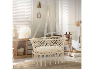 4064649141704 - Ml-design - Baby Wiege mit Liegekissen 94x48x35 cm Beige aus Baumwolle Boho Style Geflochtene Quasten höhenverstellbar Deckenhalterung