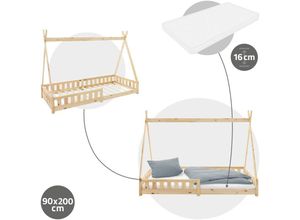 4064649161351 - Kinderbett Tipi mit Lattenrost inkl Matratze 90x200 cm Natur aus Kiefernholz Indianer Bett für Mädchen & Jungen Hausbett Jugendbett