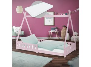 4064649161405 - Ml-design - Kinderbett Tipi mit Lattenrost inkl Matratze 90x200 cm Rosa aus Kiefernholz Indianer Bett für Mädchen & Jungen Hausbett Jugendbett