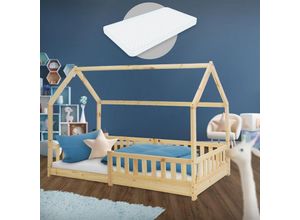 4064649161412 - Kinderbett mit Dach und Lattenrost inkl Matratze 90x200 cm Natur aus Kiefernholz Hausbett für Mädchen & Jungen Bettenhaus Spielbett Jugendbett