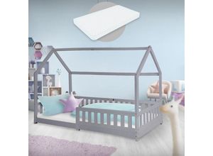 4064649161443 - Kinderbett mit Rausfallschutz Dach und Lattenrost 90x200 cm Hellgrau mit Matratze H16cm - Ml-design