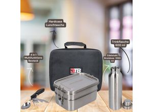 4064677094416 - Toolbrothers Fan Lunchpaket in Hardcase Tragetasche Lunchtasche Wasserdicht mit 2 Etagen Brotdose Edelstahl Deckel 1340 ml + Edelstahl Trinkflasche