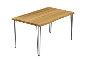 4064755191976 - LAMO Manufaktur Esstisch Küchentisch Schreibtisch Couchtisch aus Massivholz mit Baumkante 140x60x76 cm (AxBxH) Creative Rustikal   Rohstahl mit