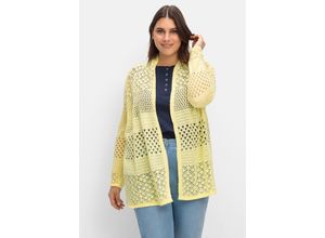 4064776234799 - Große Größen Strickjacke mit Ajourmuster in offener Form hellgelb Gr40