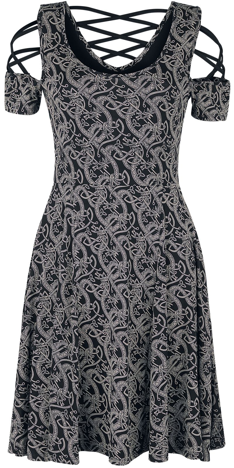 4064854354173 - Kleid mit Schnürung und keltisch anmutendem Print Kurzes Kleid schwarz in S