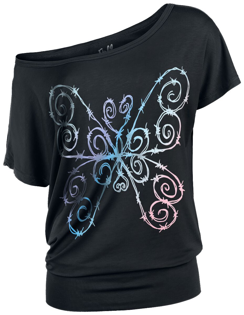 4064854394667 - T-Shirt mit buntem Stacheldraht-Schmetterling T-Shirt schwarz in XS