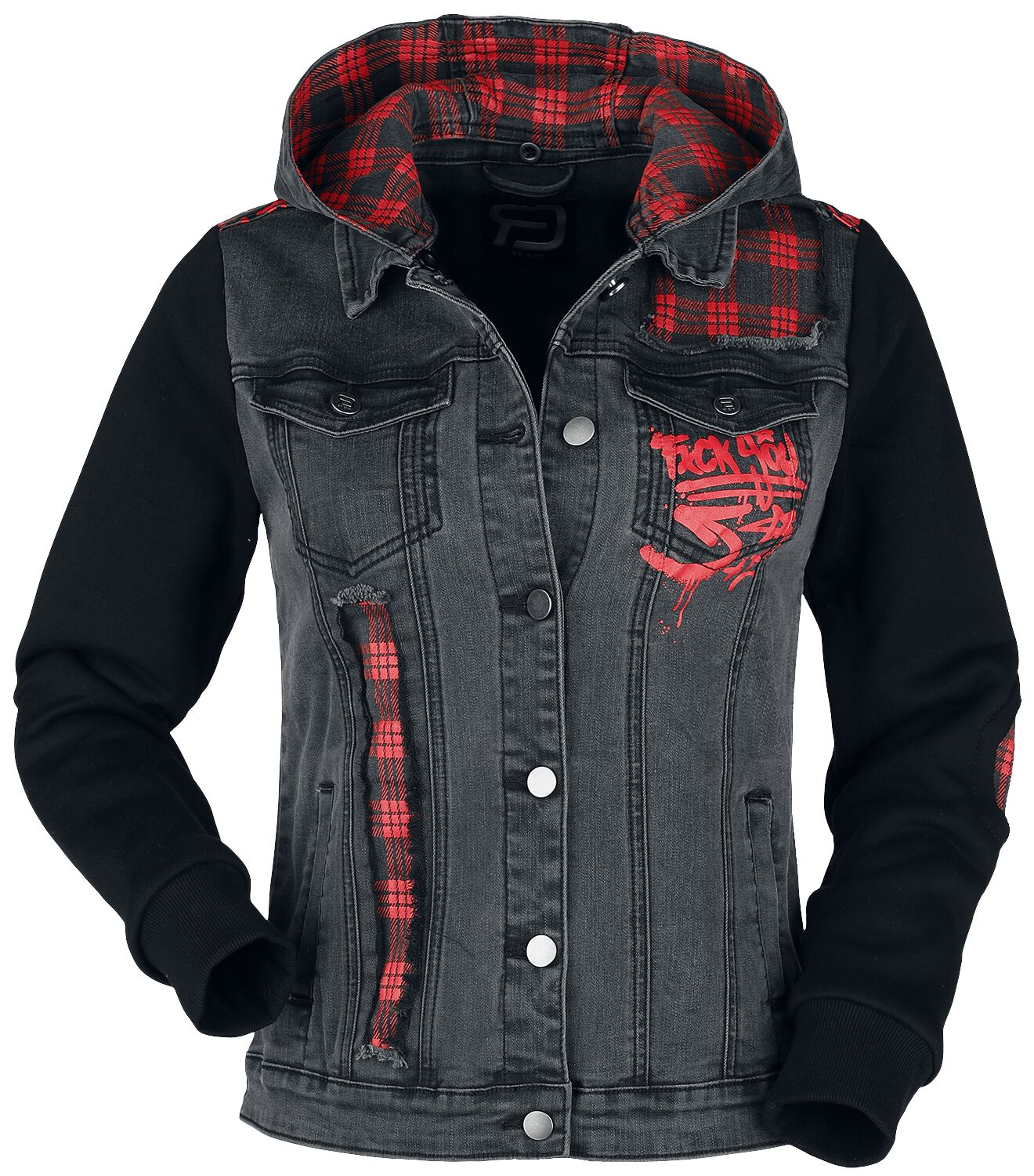 4064854402362 - Jeansjacke mit Print und Karoeinsätzen Jeansjacke schwarz in XL