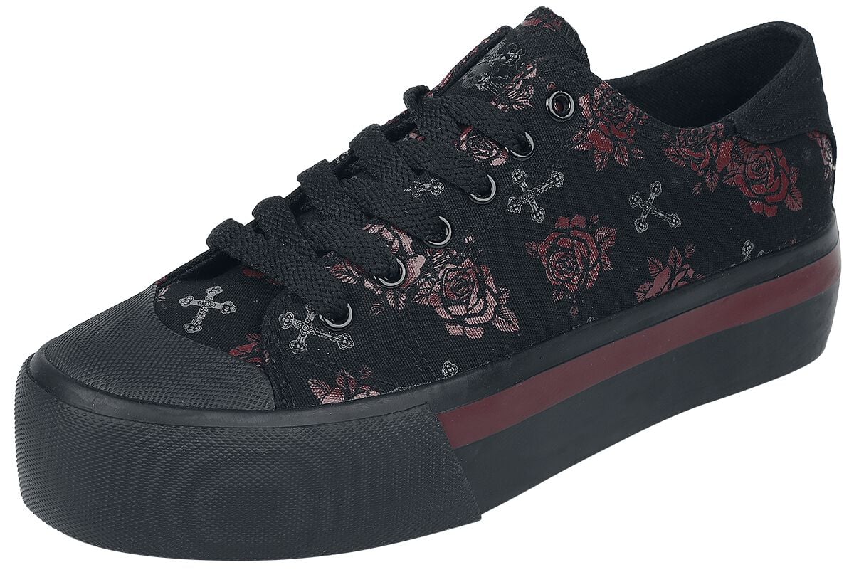 4064854735422 - LowCut Plateau Sneaker mit Kreuz und Rosen Print Sneaker schwarz in EU38 4064854735422 - LowCut Plateau Sneaker mit Kreuz und Rosen Print Sneaker schwarz in EU38