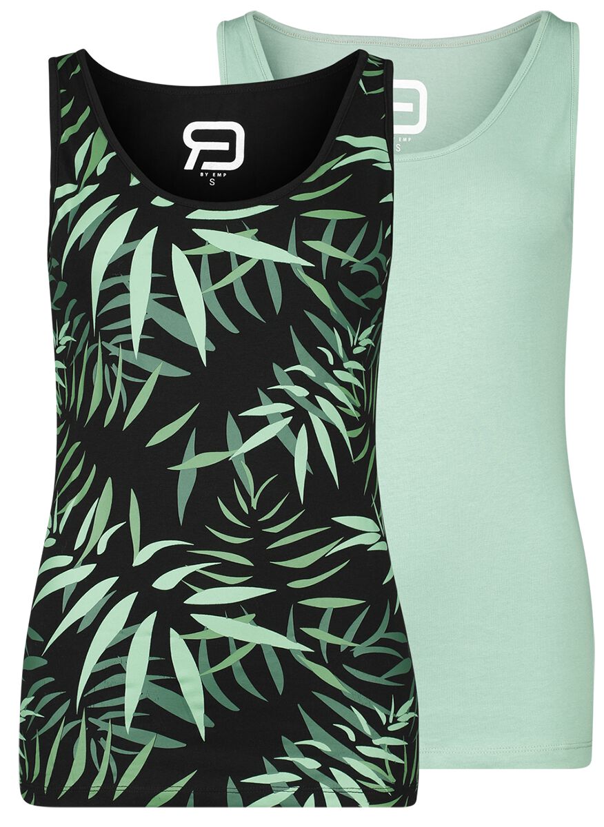 4064854838871 - Double Pack Tops with Botanical Print Top schwarz grün in L