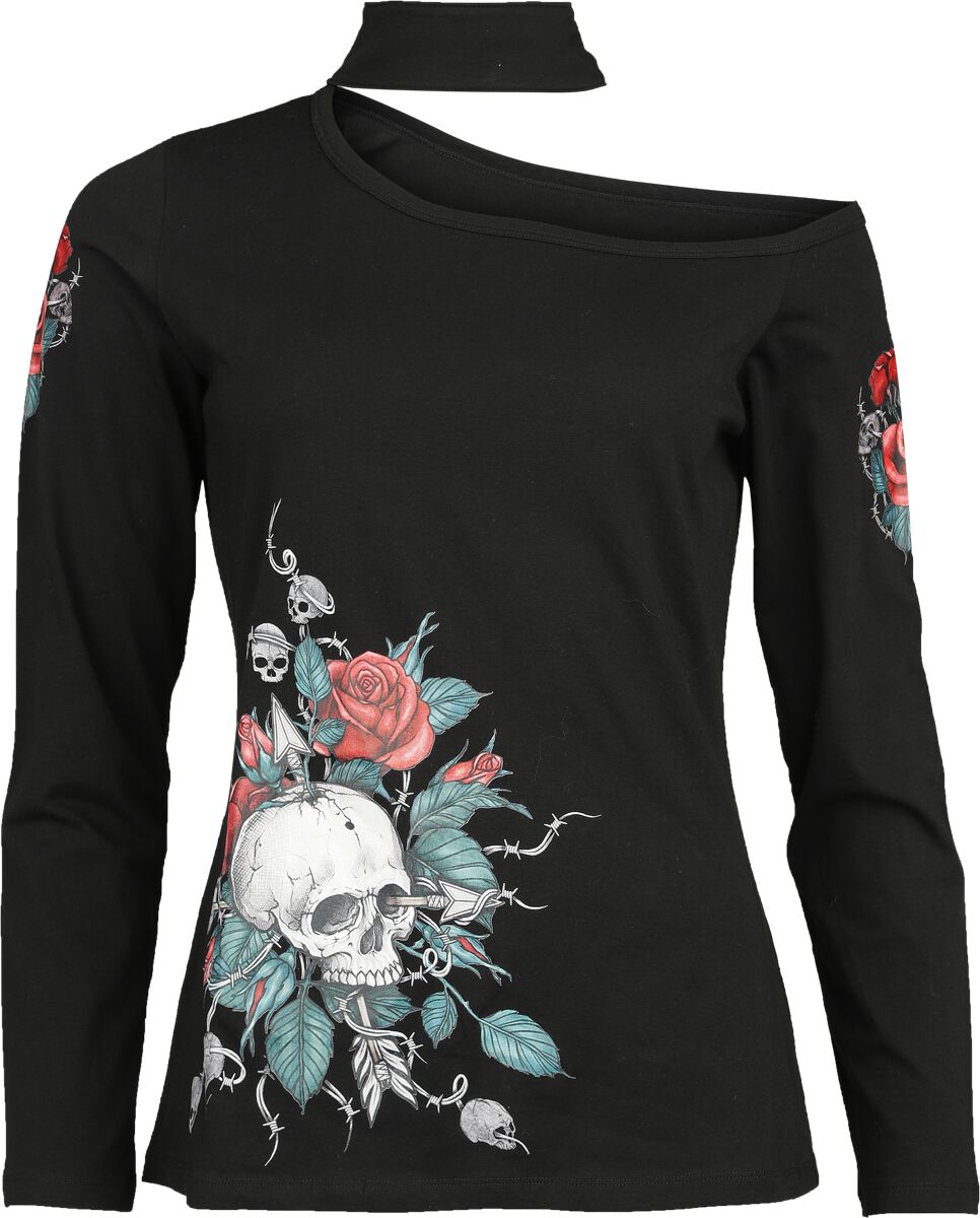 4064854918184 - Longsleeve with Skull and Roses Print Langarmshirt schwarz in S