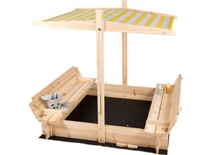 4065827310035 - needs&wants® Sandkasten mit Abdeckung Dach Deckel Sitzbank und Boden Sandkiste Holz quadratisch verschließbar UV-Sonnenschutz mit Bank Outdoor Garten für Kinder 120x120 cm Tanne gelb weiß braun