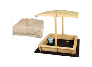 4065827310042 - needs&wants® Sandkasten mit Dach Sitzbank und Boden Vlies-Folie mit Abdeckung Oxford 600D Sandkiste Holz rechteckig mit Bänken Outdoor Garten Kinder UV-Sonnenschutz 113x113x113 cm gelb weiß braun