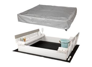 4065827310059 - WONDERMAKE® Design Sandkasten mit Abdeckung Deckel Sitzbank und Boden Sandkiste Holz quadratisch verschließbar mit Bank Outdoor Garten für Kinder 120x120 cm Tanne weiß grau silber