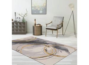 4065975000697 - Vimoda - Teppich Wohnzimmer Schlafzimmer Flur Teppich Kurzflor Kreisel Muster in Gelb Creme200x280 cm