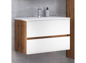 4066075000556 - Lomadox - Badezimmer Waschtisch 80 cm in Wotaneiche Nb mit matt weiß LOUROSA-03 inkl Mineralgussbecken b h t ca 80 56 47 cm - braun