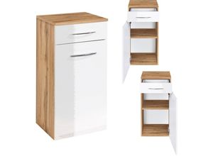 4066075002512 - Lomadox - Badezimmer Unterschrank mit Schubkasten & Tür FLORIDO-03-OAK weiß Hochglanz mit Wotaneiche b h t ca 40 79 35cm - weiß