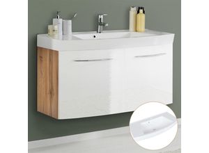 4066075002604 - Lomadox - Badezimmer Waschtisch 100cm 2-türig FLORIDO-03-OAK weiß Hochglanz mit Wotaneiche b h t ca 100 54 47cm - weiß