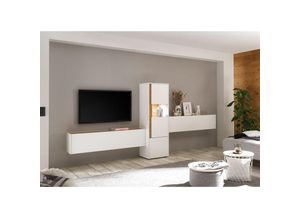 4066075011491 - Anbauwand Wohnzimmer CRISP-61 inkl Beleuchtung in weiß mit Absetzungen in Wotan Eiche Nb b h t ca 350 155 40 cm - braun