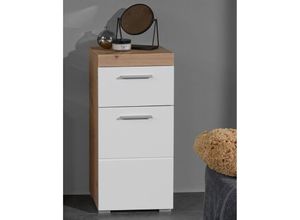 4066075015376 - Badschrank ALTENA-19 in Weiß Hochglanz mit Absetzung in Asteiche Nb B H T ca 37 79 31 cm - braun