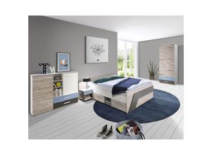 4066075015765 - Jugendzimmer Set mit Bett 140x200 cm mit Kleiderschrank LEEDS-10 in Sandeiche Nb mit weiß Lava und Denim Blau - grau