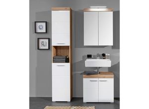 4066075016038 - Waschplatz inkl LED Beleuchtung ALTENA-19 in Weiß Hochglanz mit Absetzungen in Asteiche Nb B H T ca 112 190 34 cm - braun