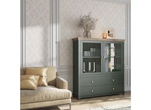 4066075016779 - Highboard mit Glaseinsatz Türen EPSOM-83 Landhausstil in grün mit Lefkas Eiche Nb b h t ca 126 138 42 cm - grün