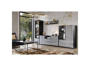 4066075019909 - Wohnzimmer Möbel Set grau HOOVER-83 modern mit Glasfronten und Beleuchtung b h t ca 360 195 48 cm - grau