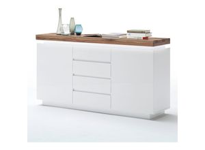 4066075020370 - Lomadox - Sideboard weiß matt lackiert mit Eiche massiv geölt und Beleuchtung ROSARNO-05 b h t ca 150 81 40 cm - braun