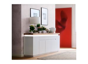 4066075020417 - Lomadox - Sideboard weiß 200 cm ROSARNO-05 in weiß matt lackiert mit Eiche massiv geölt und led Beleuchtung b h t ca 200 81 40 cm - braun