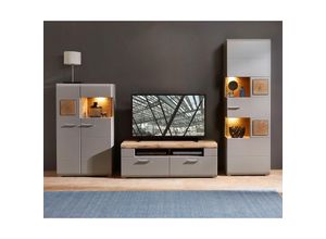 4066075025566 - Wohnzimmer Komplett Set FARO-36 in basalt mit Absetzungen in Eiche Hirnholz Nb mit led Beleuchtung b h t ca 325 205 47 cm - beige